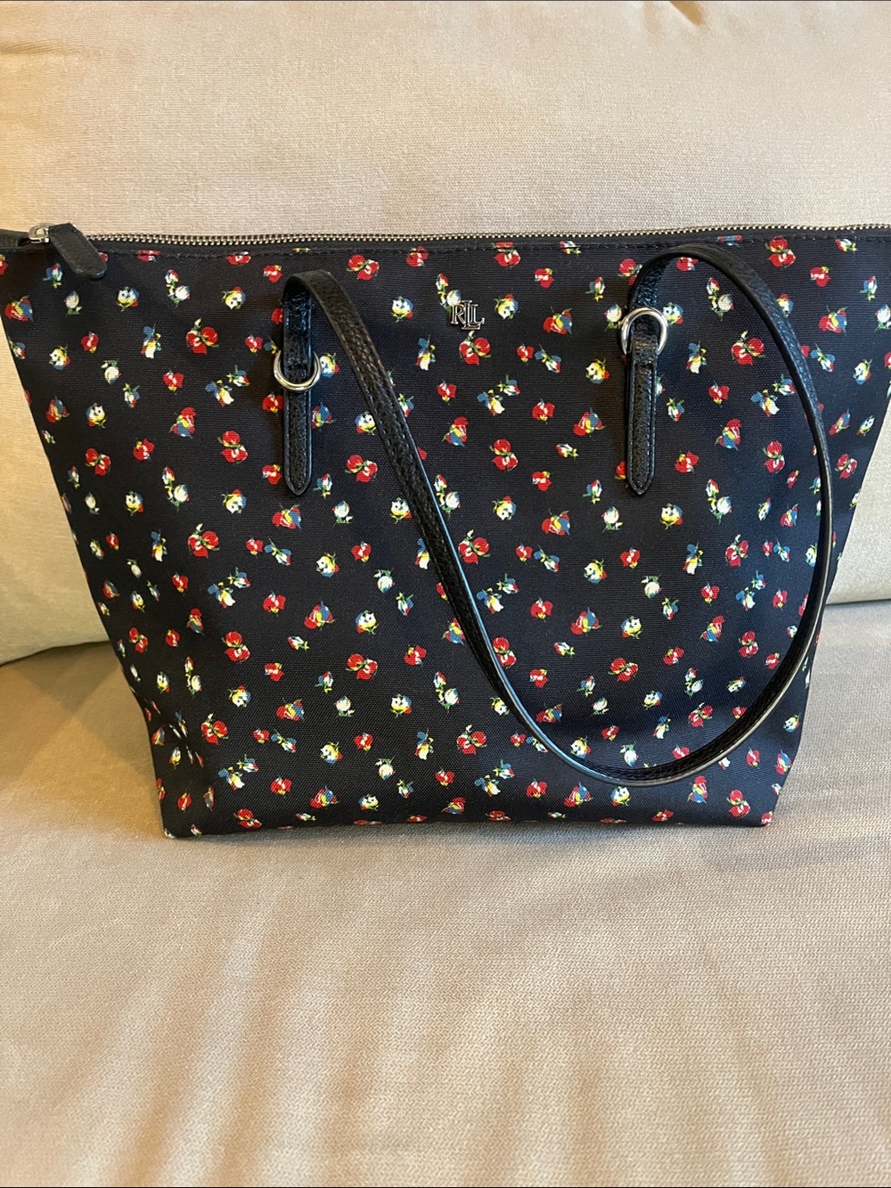 Lauren Ralph Lauren Black Tote with Navy Floral Interior